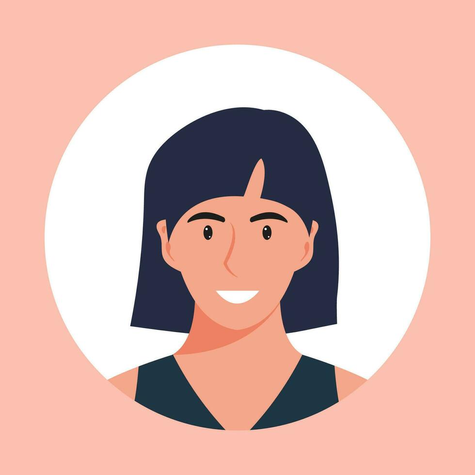 Circle the avatar with the portrait women of various races and hairstyles. Collection of user profiles. Round icon with happy smiling human. Colorful flat vector illustration.