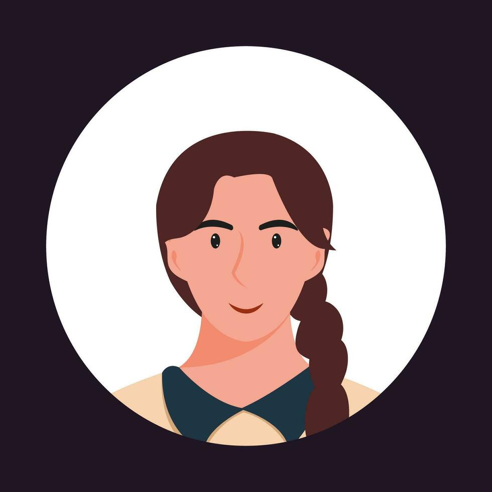 Circle the avatar with the portrait women of various races and hairstyles. Collection of user profiles. Round icon with happy smiling human. Colorful flat vector illustration.