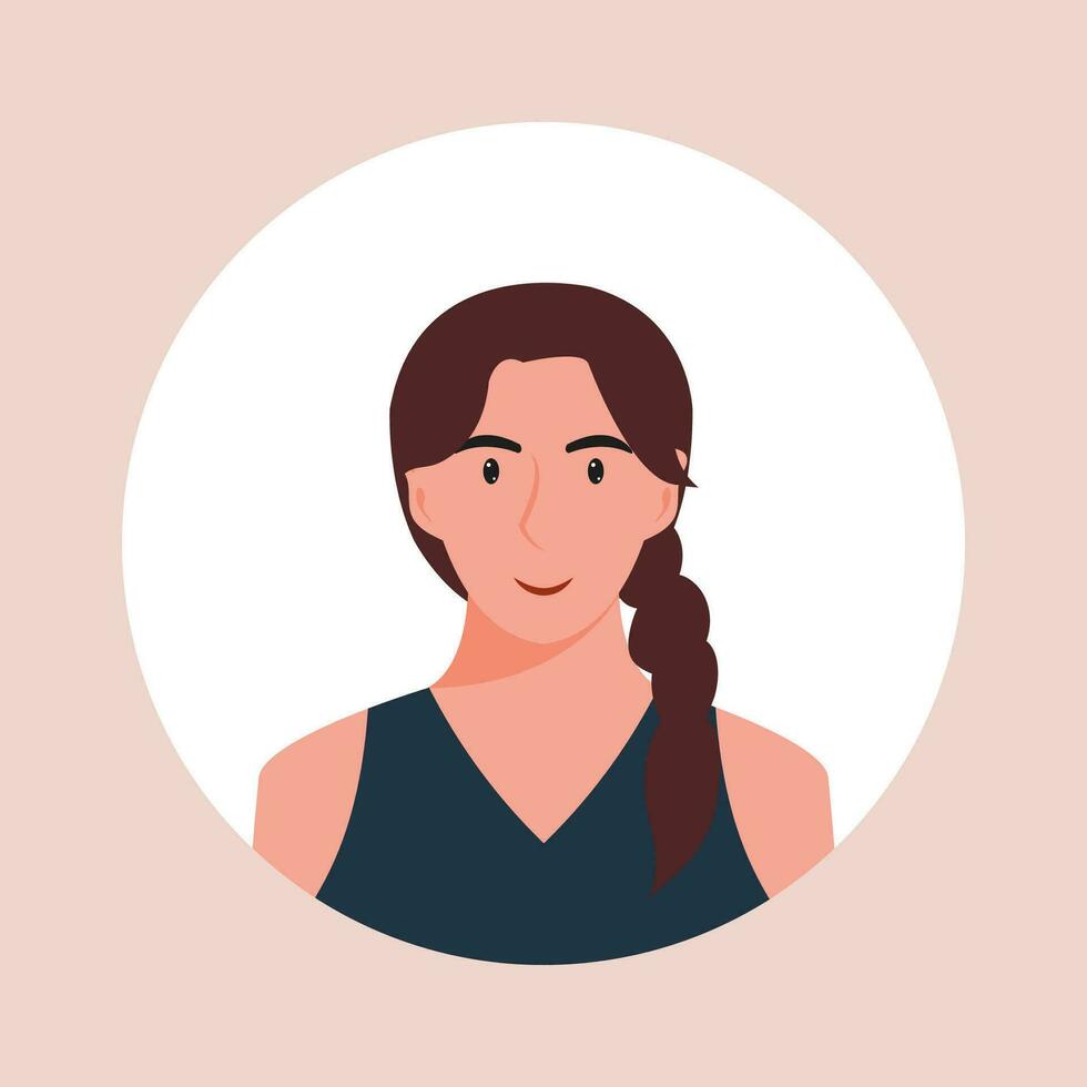 Circle the avatar with the portrait women of various races and hairstyles. Collection of user profiles. Round icon with happy smiling human. Colorful flat vector illustration.