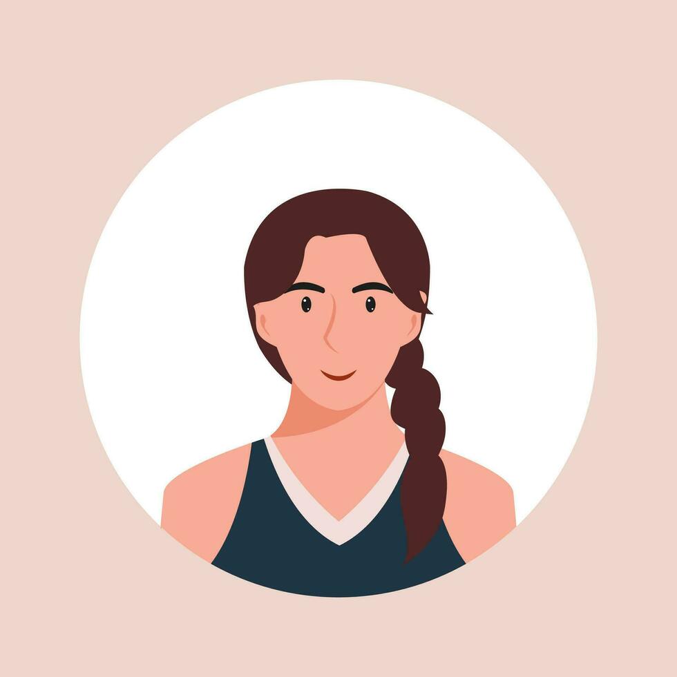 Circle the avatar with the portrait women of various races and hairstyles. Collection of user profiles. Round icon with happy smiling human. Colorful flat vector illustration.