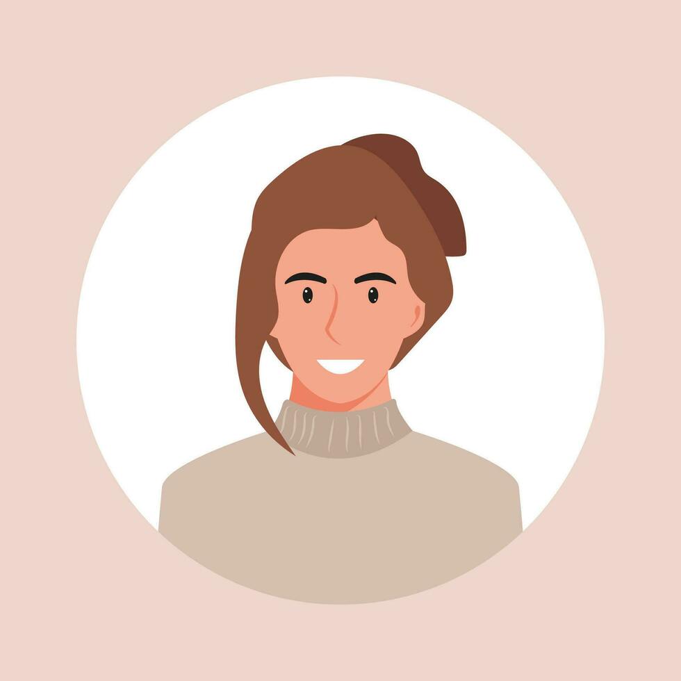 Circle the avatar with the portrait women of various races and hairstyles. Collection of user profiles. Round icon with happy smiling human. Colorful flat vector illustration.