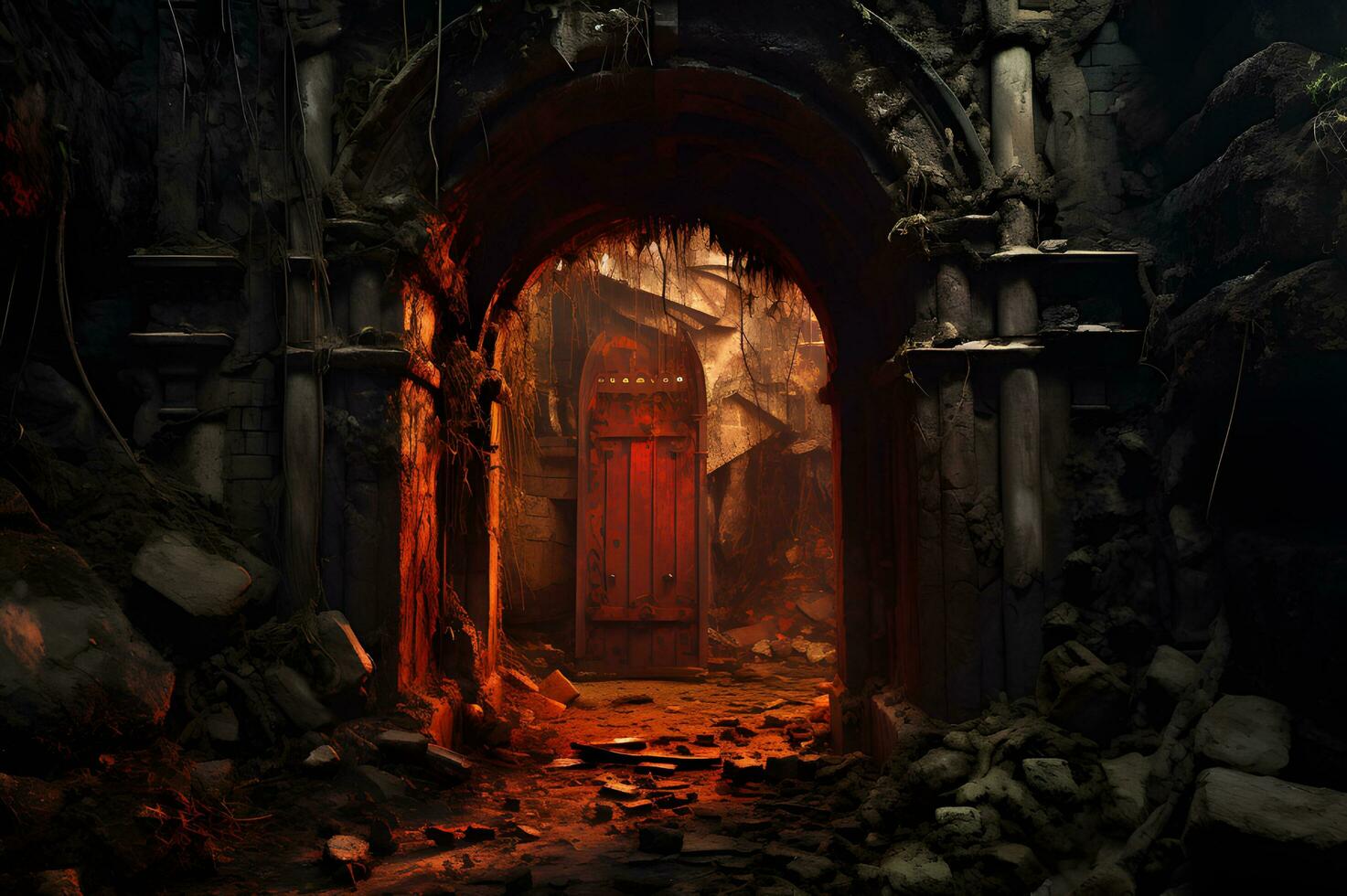 Spooky old doorway leads to abandoned dungeon photo