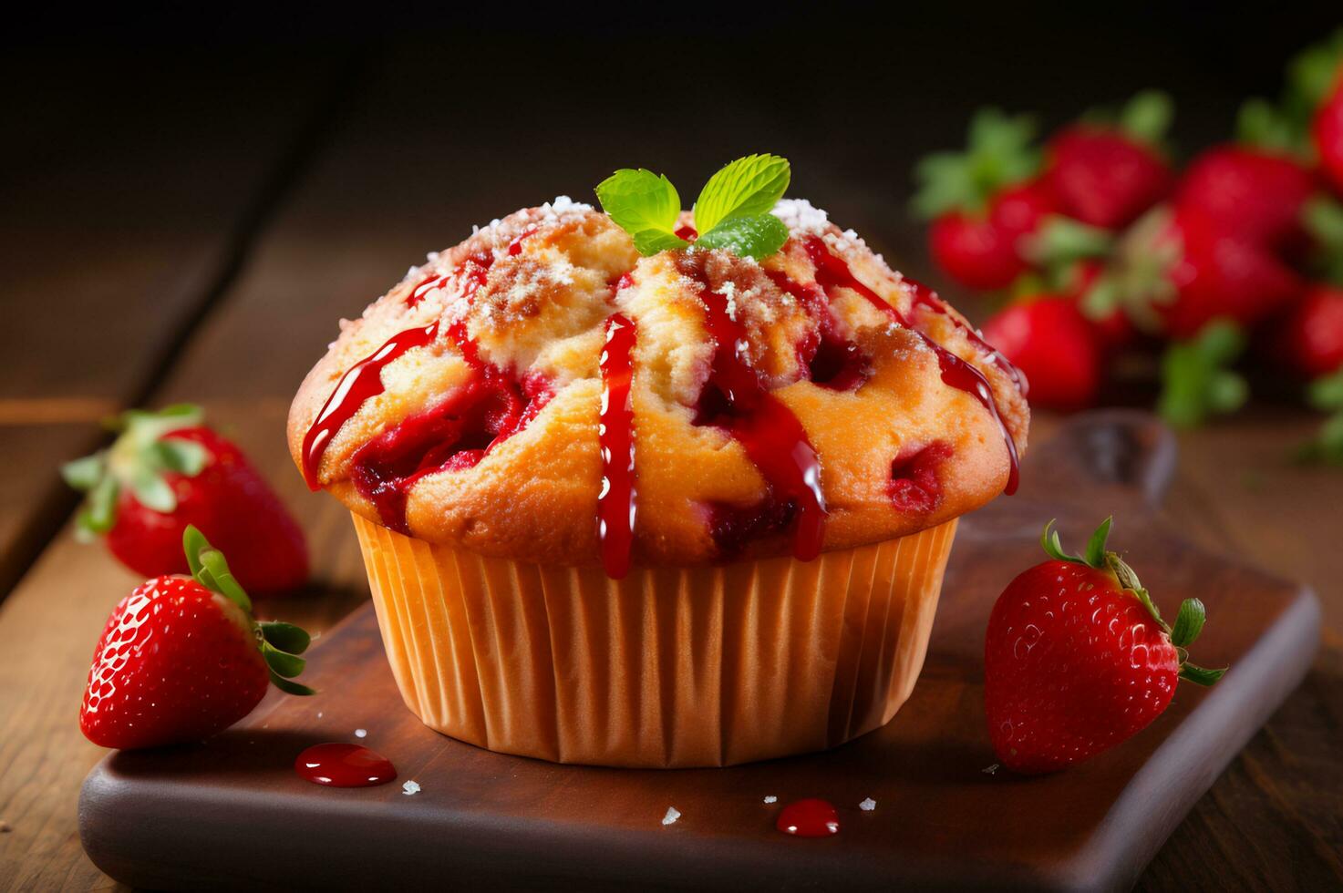 Freshly baked strawberry muffin photo