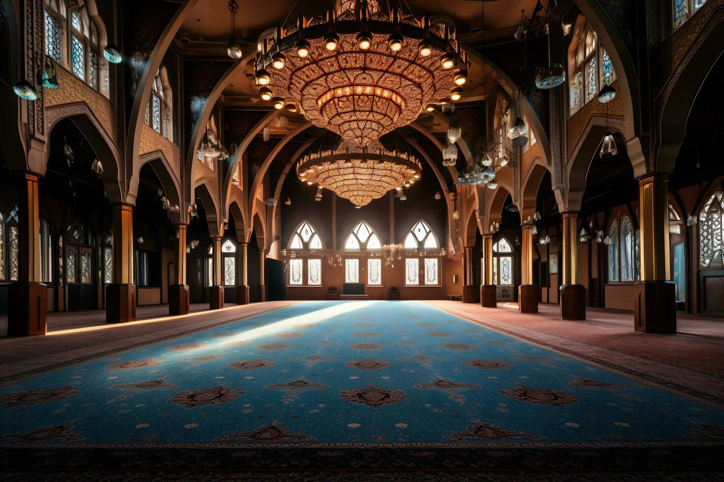 View of inside mosque with a large carpet photo