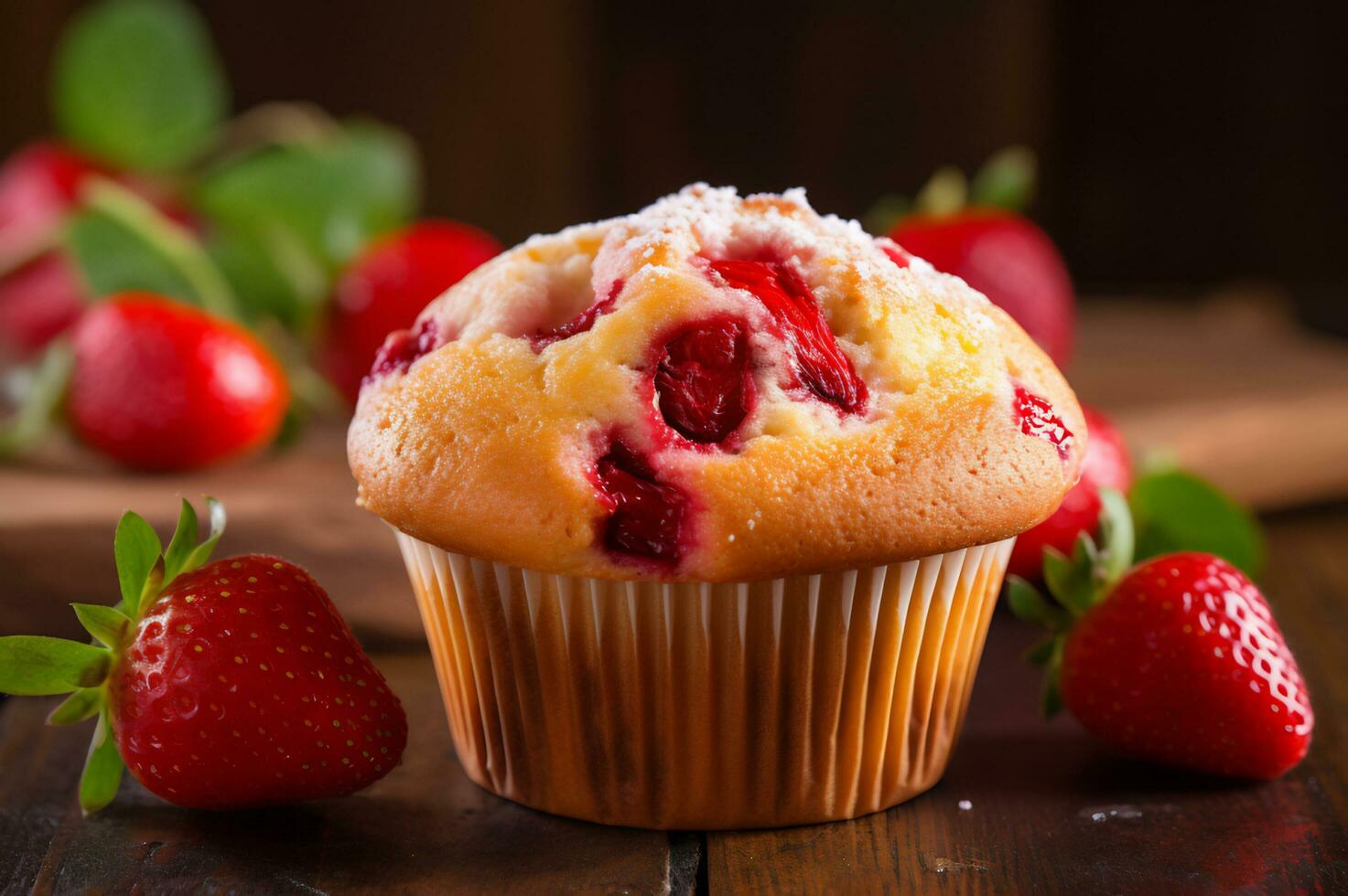 Freshly baked strawberry muffin photo