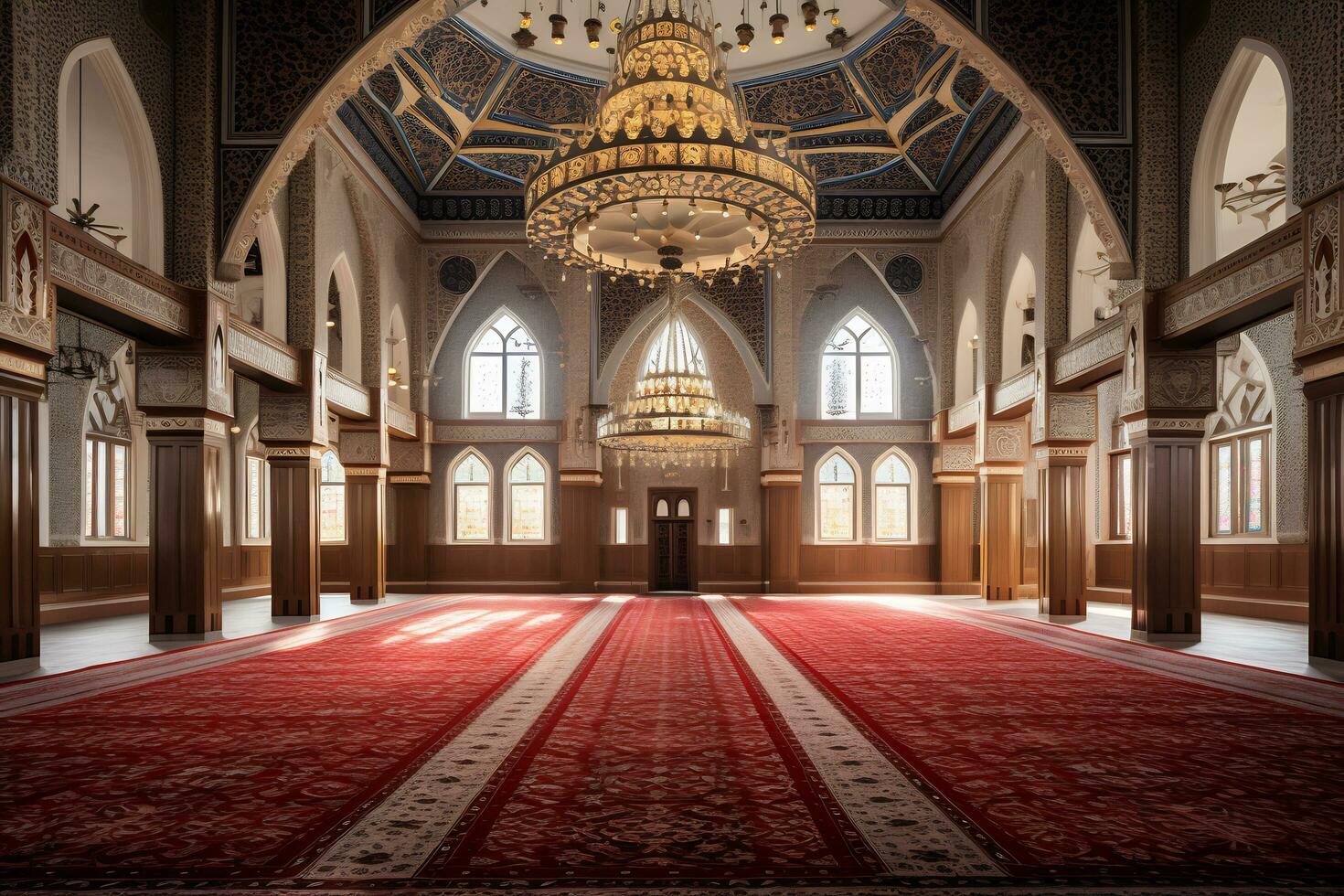 View of inside mosque with a large carpet photo