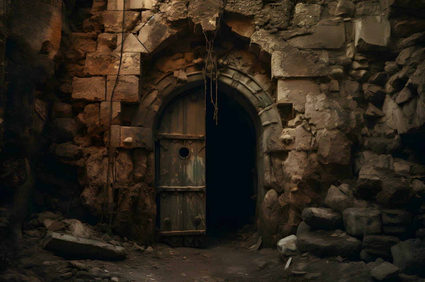 Spooky old doorway leads to abandoned dungeon photo