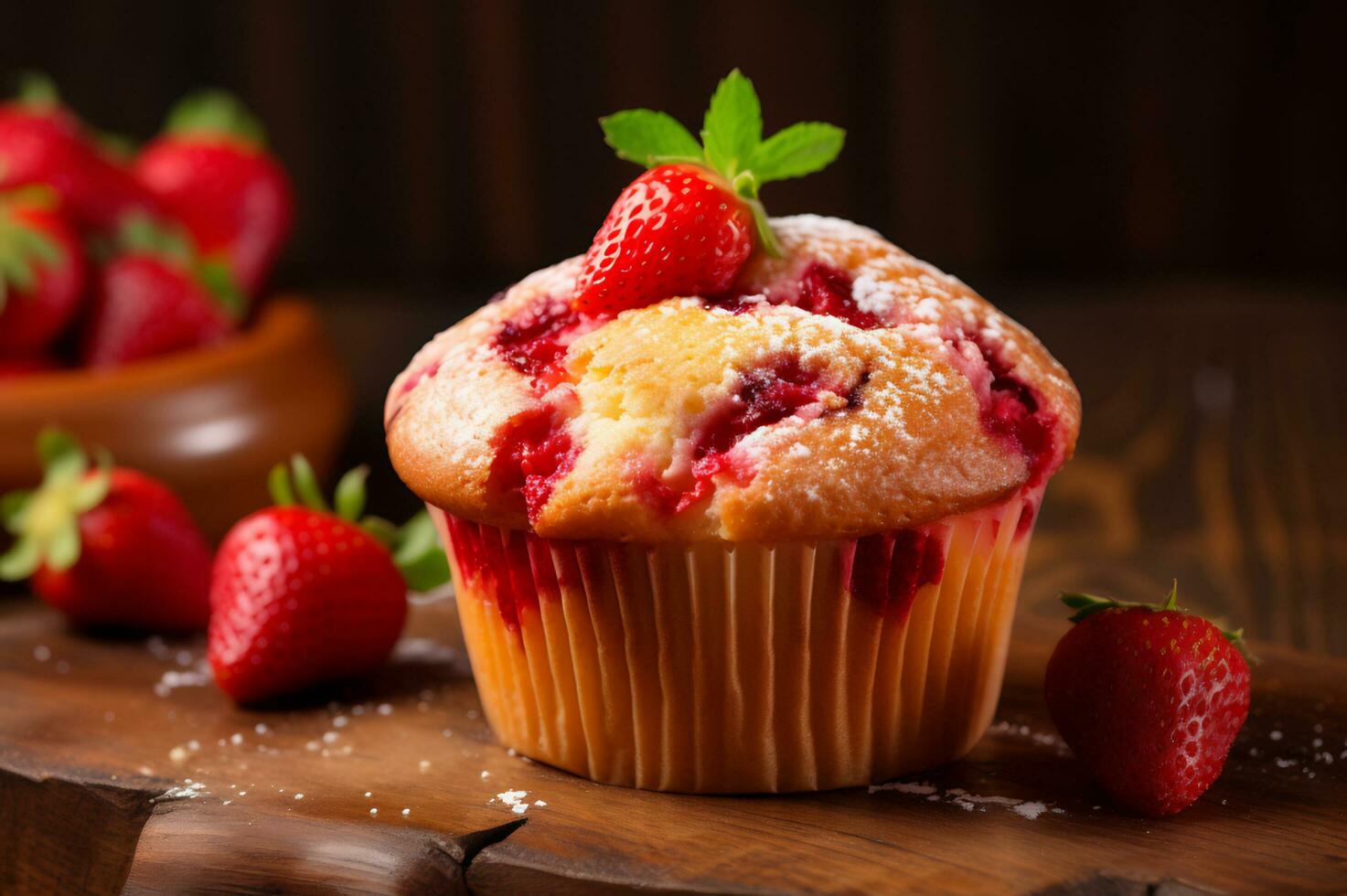 Freshly baked strawberry muffin photo