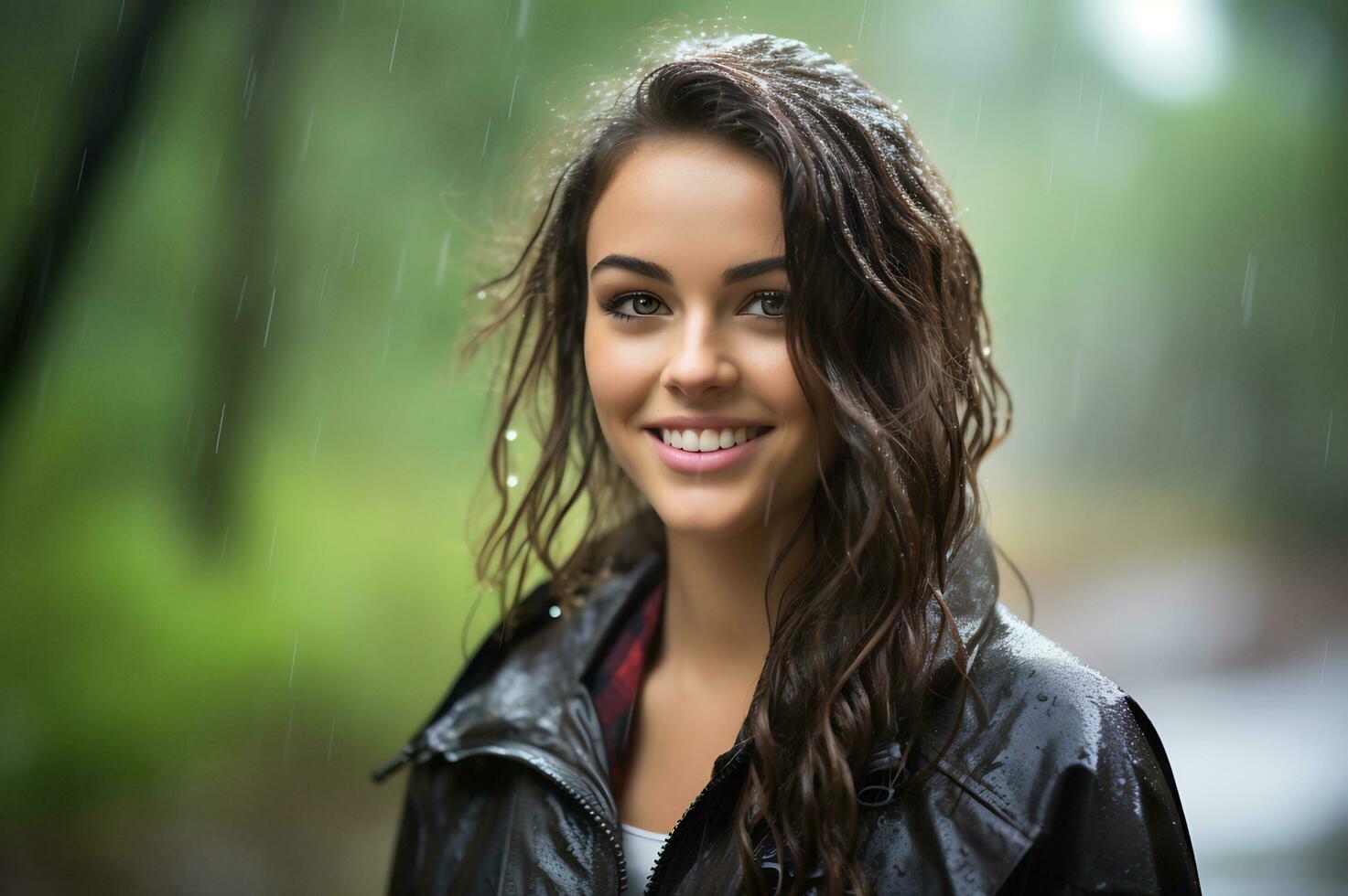 Beautiful young woman with wet hair in the rain photo