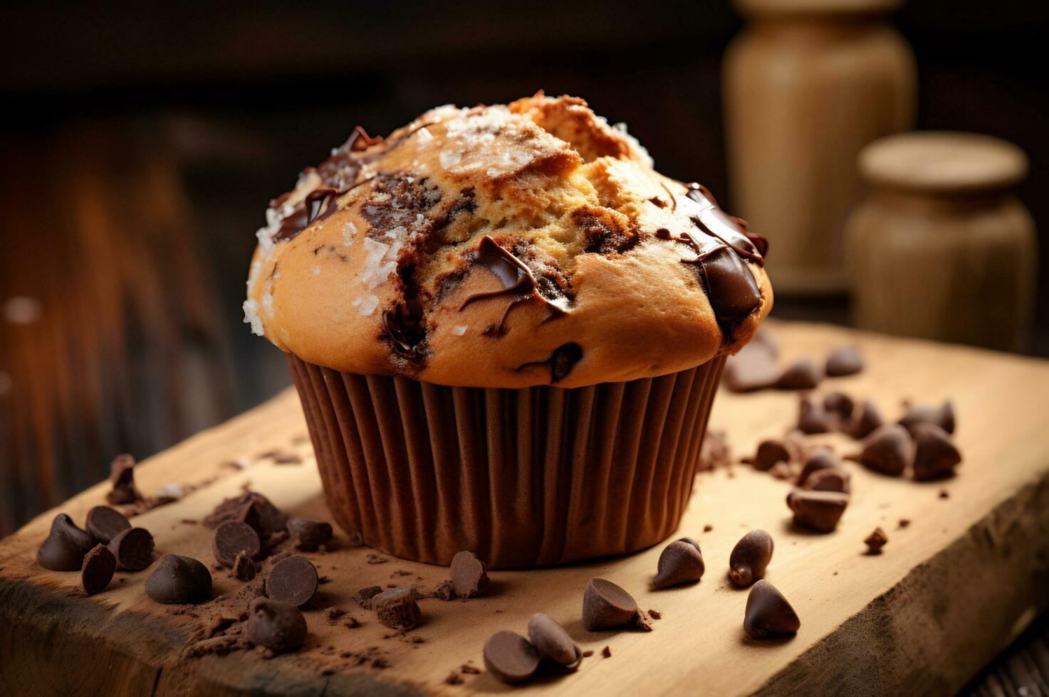 Freshly baked chocolate chip muffin photo