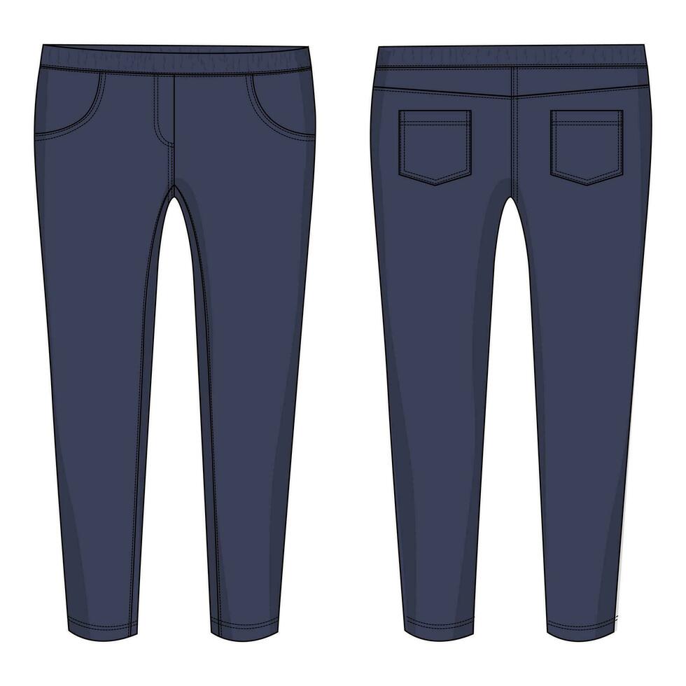 Denim jeans pant Technical drawing fashion flat sketch vector illustration template front and back views