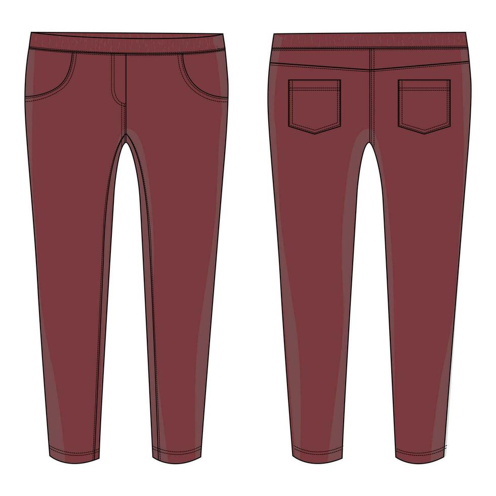 Denim jeans pant Technical drawing fashion flat sketch vector illustration template front and back views