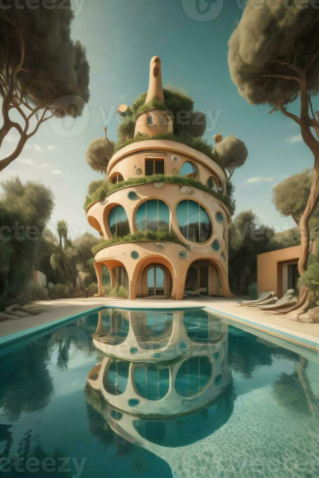 House with swiming pool illustration, generative AI photo