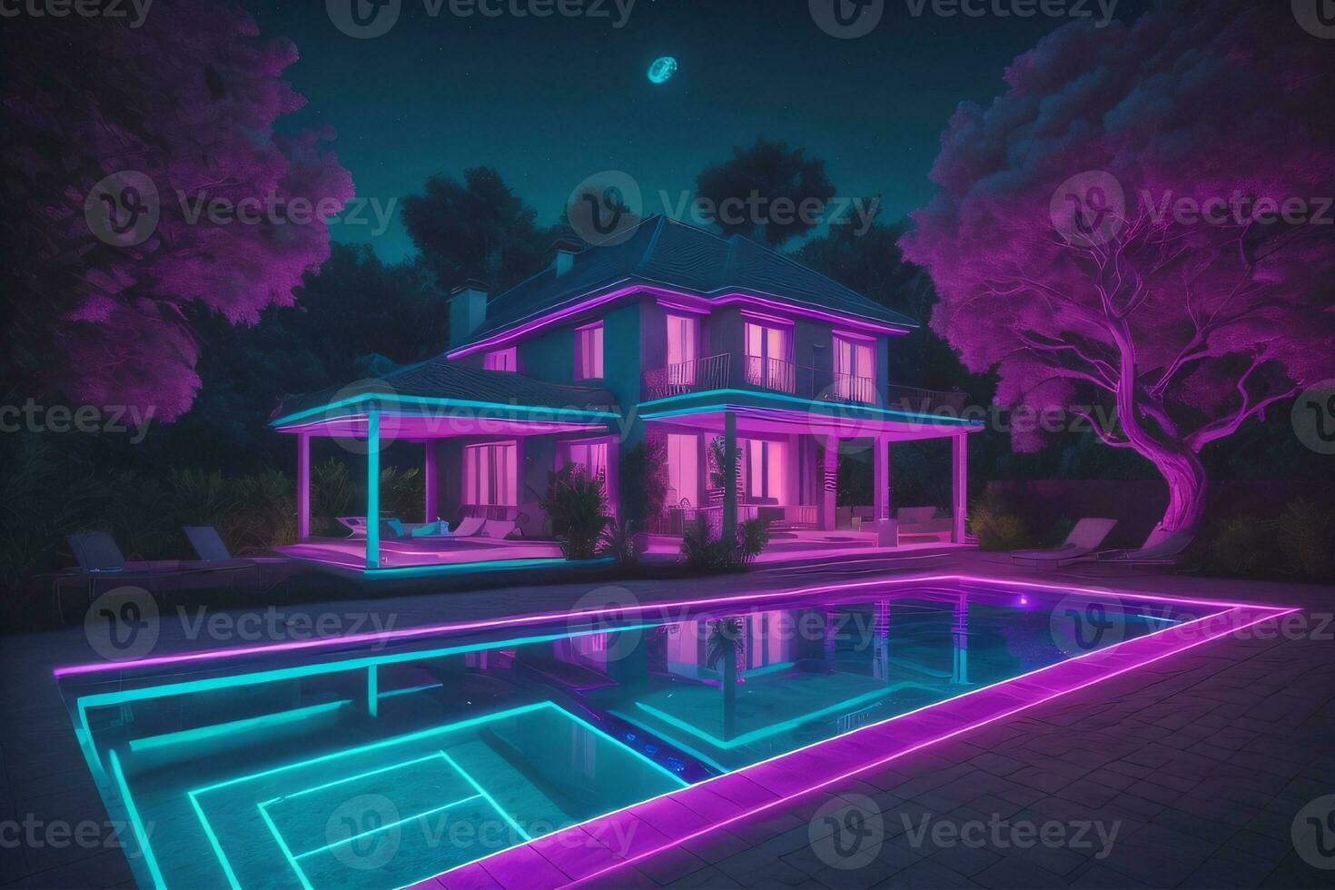 House with swiming pool illustration, generative AI photo