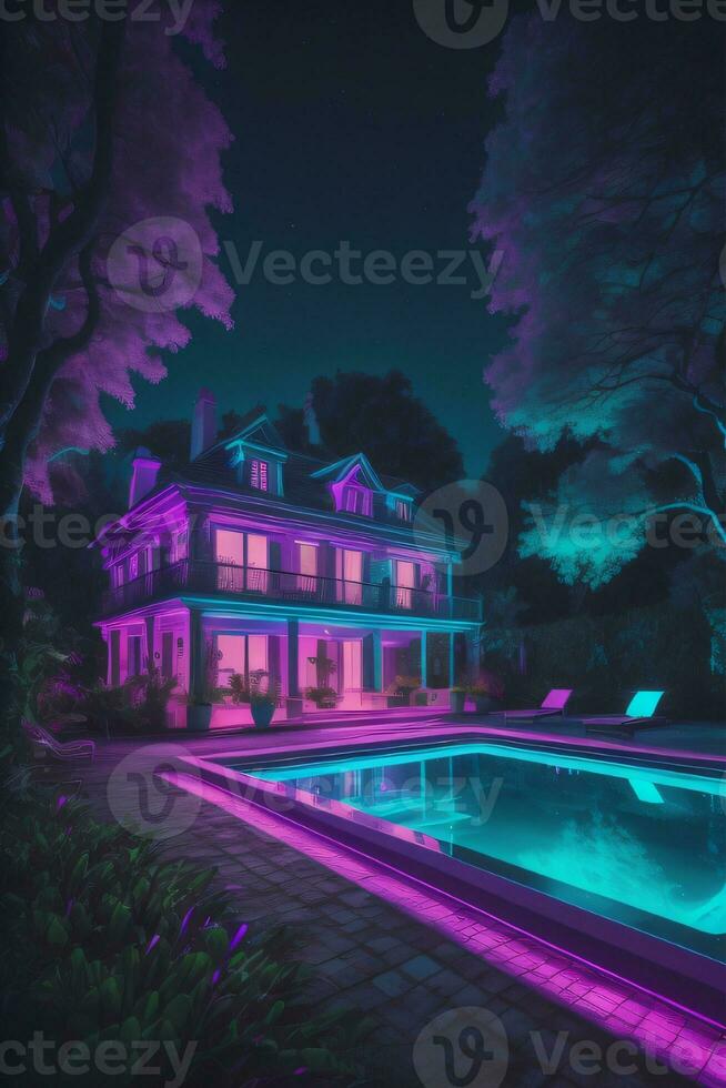 House with swiming pool illustration, generative AI photo