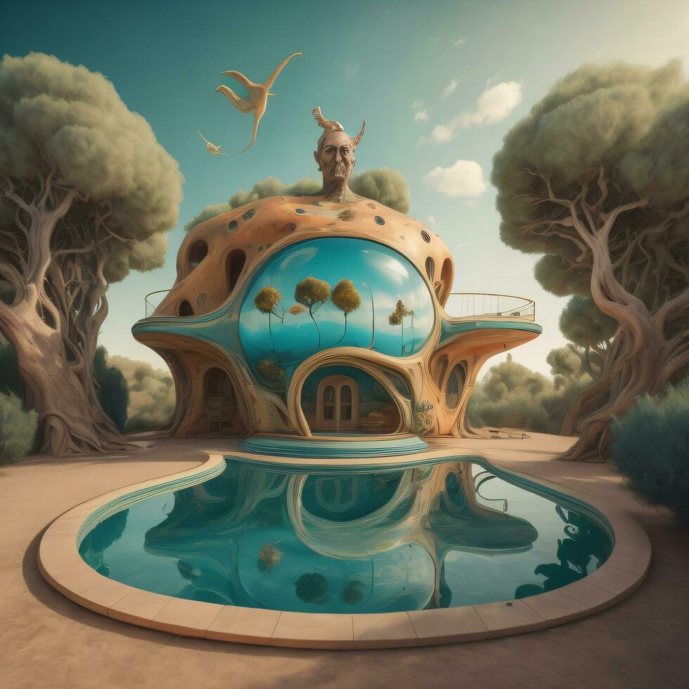 House with swiming pool illustration, generative AI photo