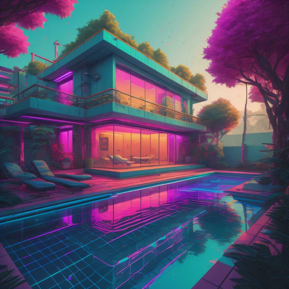 House with swiming pool illustration, generative AI photo