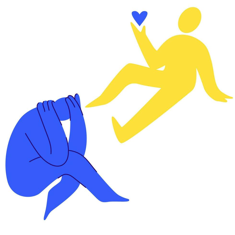 Set of colored silhouettes of sitting men with different emotions. Happy man with a heart, sad man vector