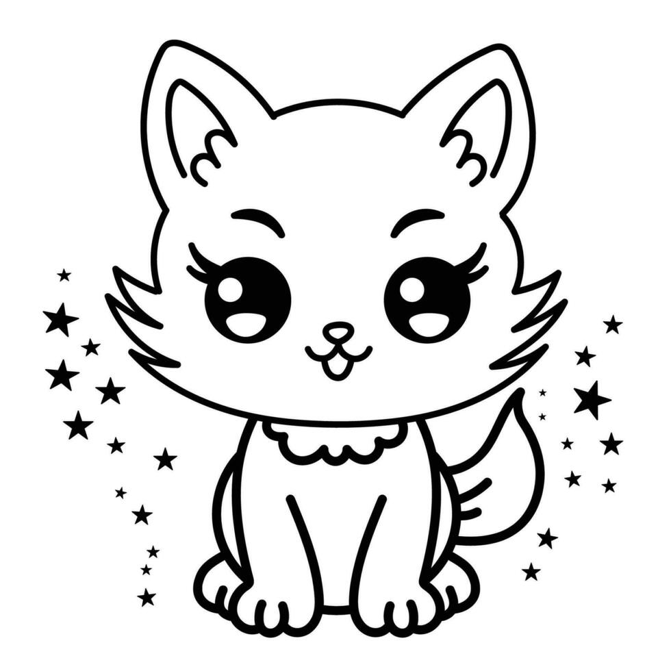 Cute cat coloring page for kids. Cartoon fluffy cat illustration. vector