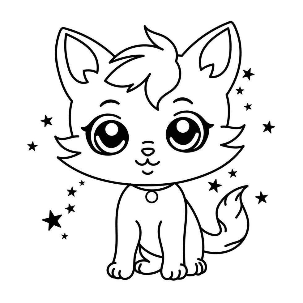 Cute cat coloring page for kids. Cartoon fluffy cat illustration. vector