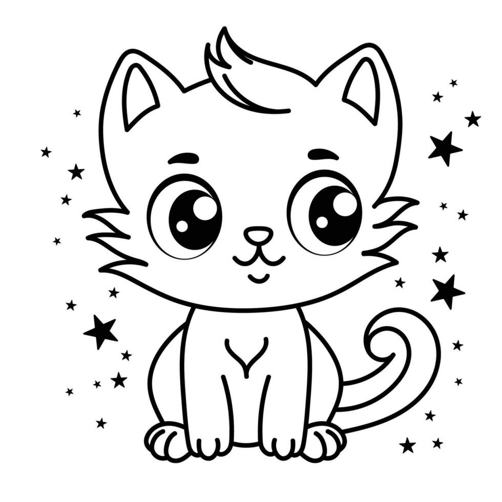 Cute cat coloring page for kids. Cartoon fluffy cat illustration. vector