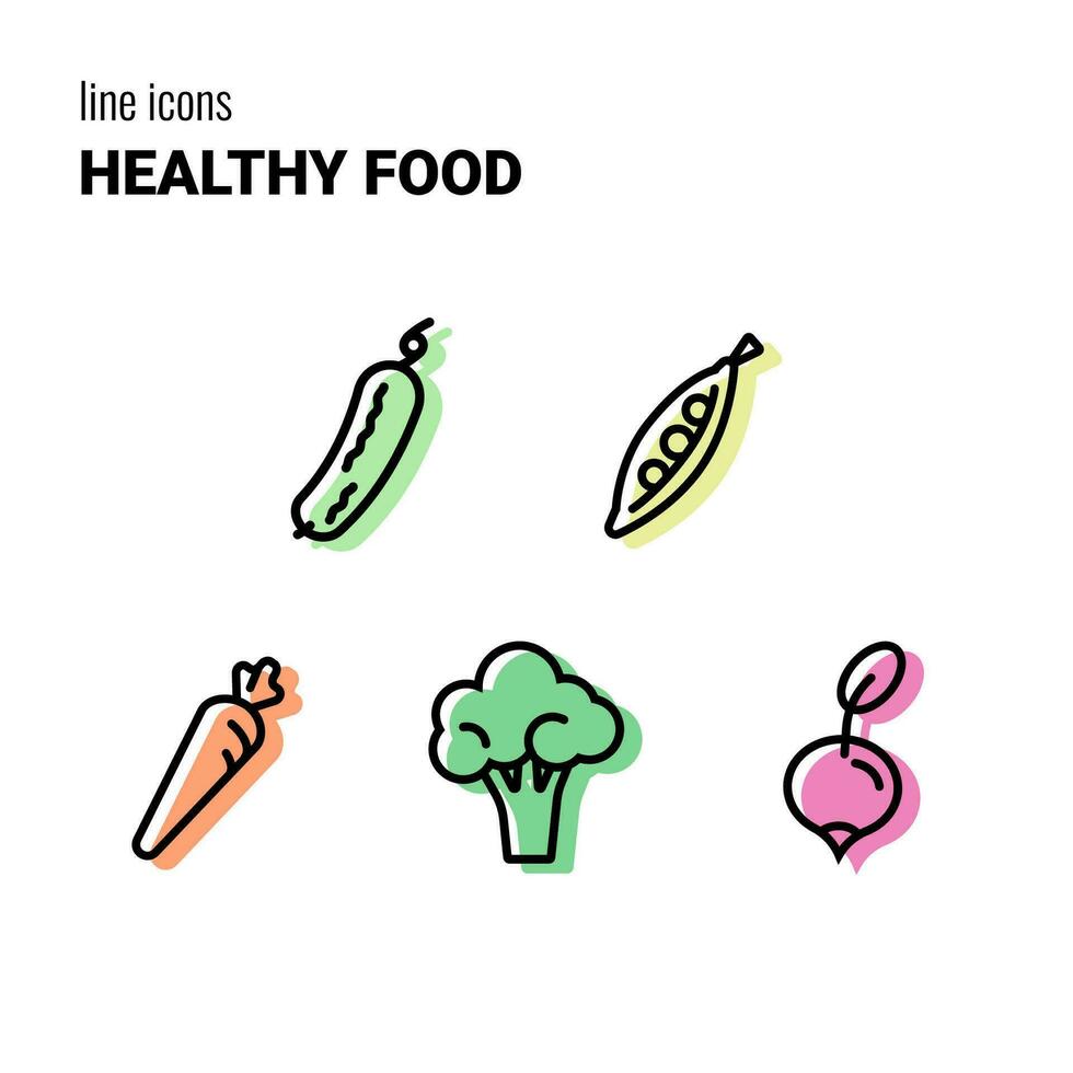 conjunto de cinco contorno sano comida iconos, vegetal símbolos, vector pictogramas