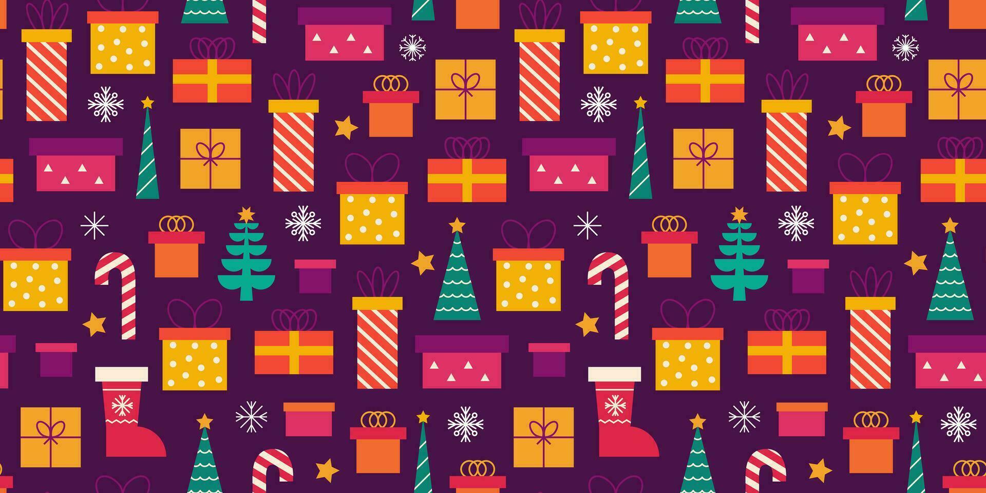 Christmas seamless pattern with Christmas trees, gifts and snowflakes. Vector festive background