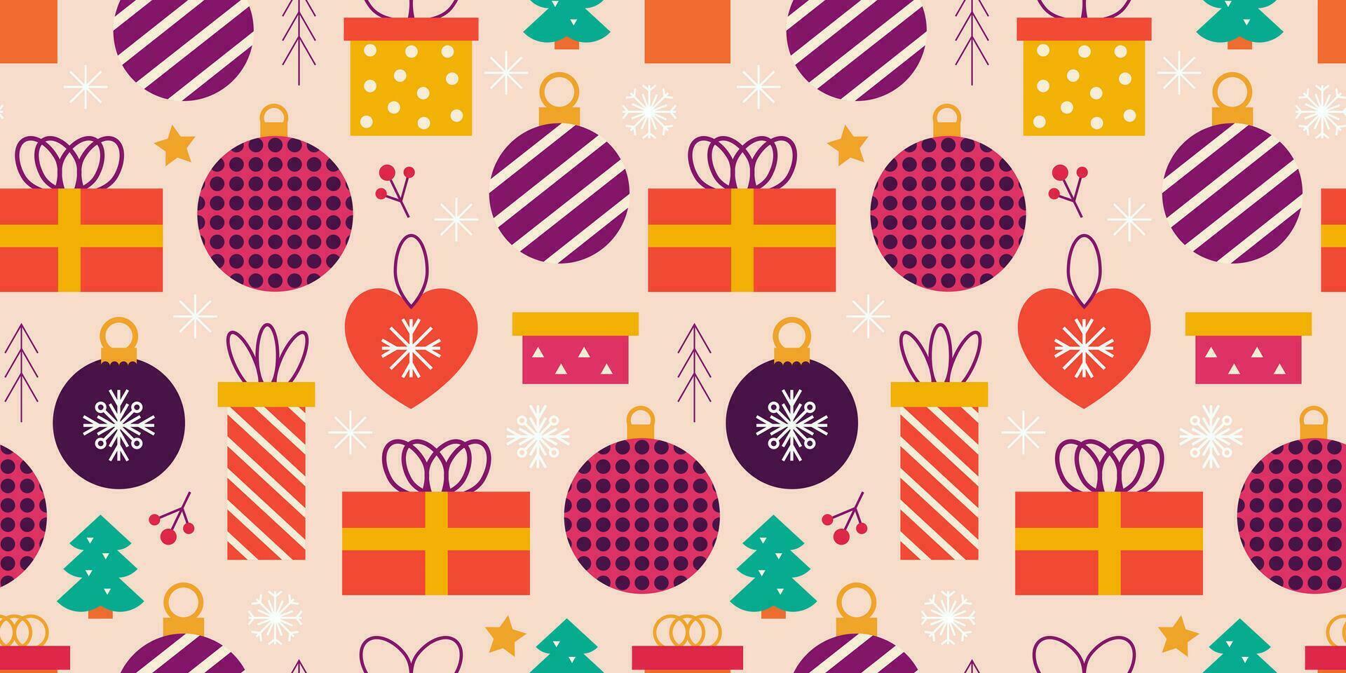 Christmas seamless pattern with Christmas trees, gifts, toys and snowflakes. Vector festive background