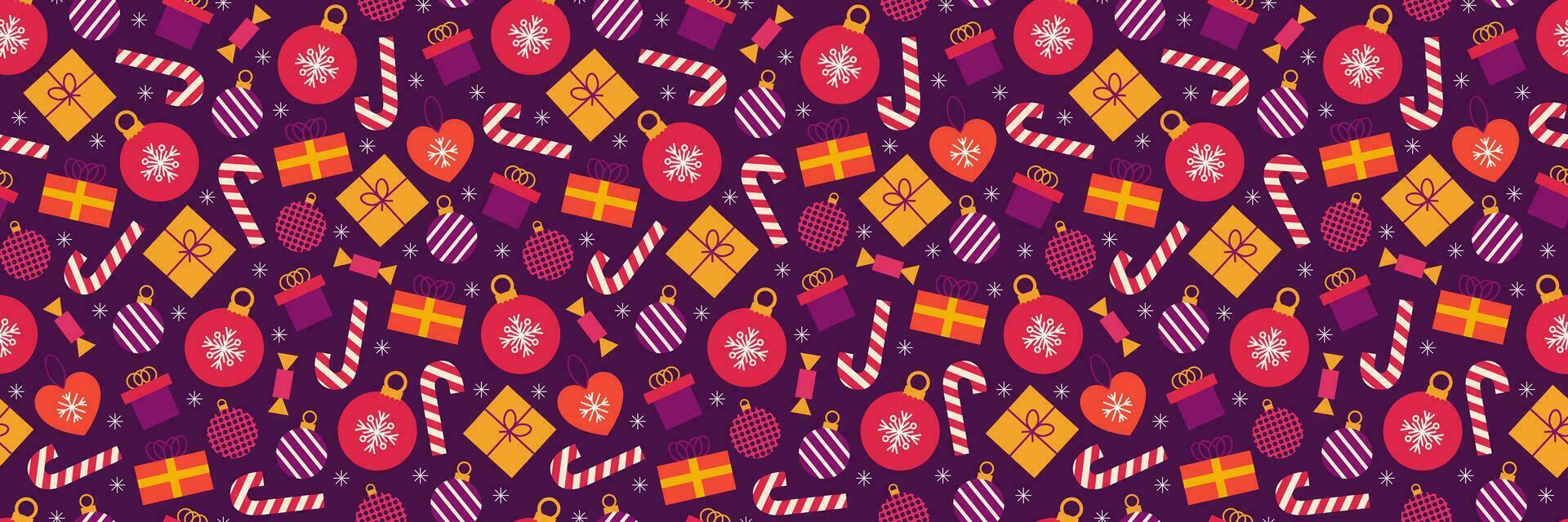 Christmas seamless pattern with Christmas tree, toys, gifts, and snowflakes. Vector festive background