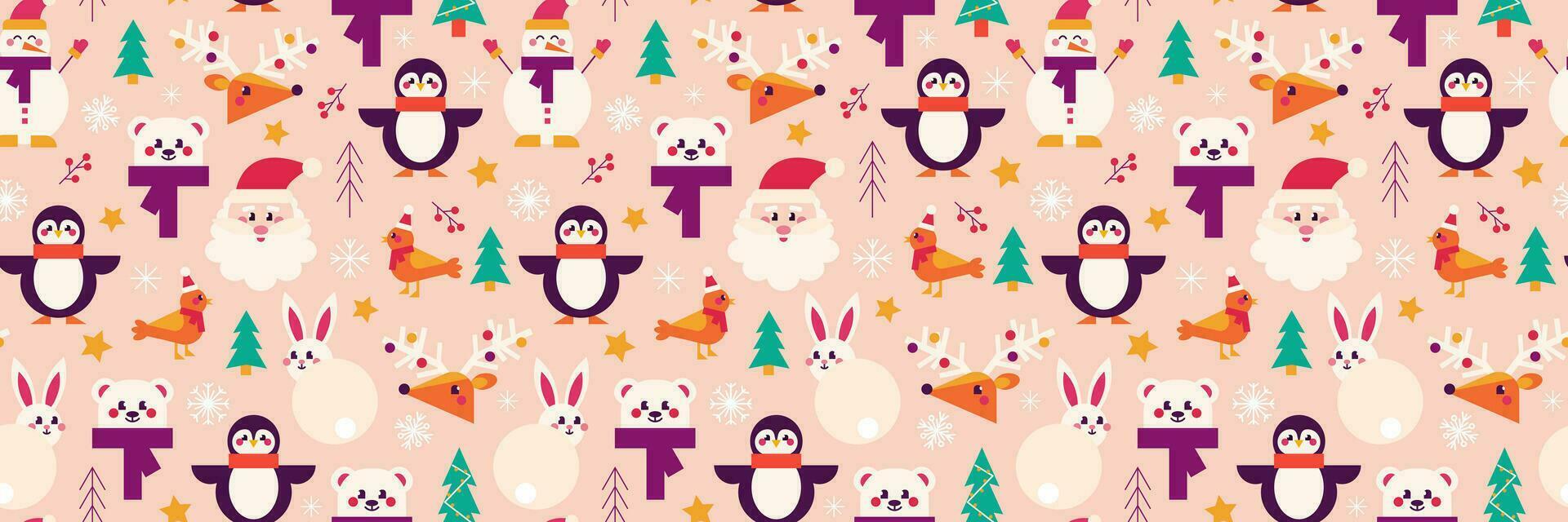 Christmas seamless pattern with cute animals, Santa Claus. Vector festive background with snowflakes