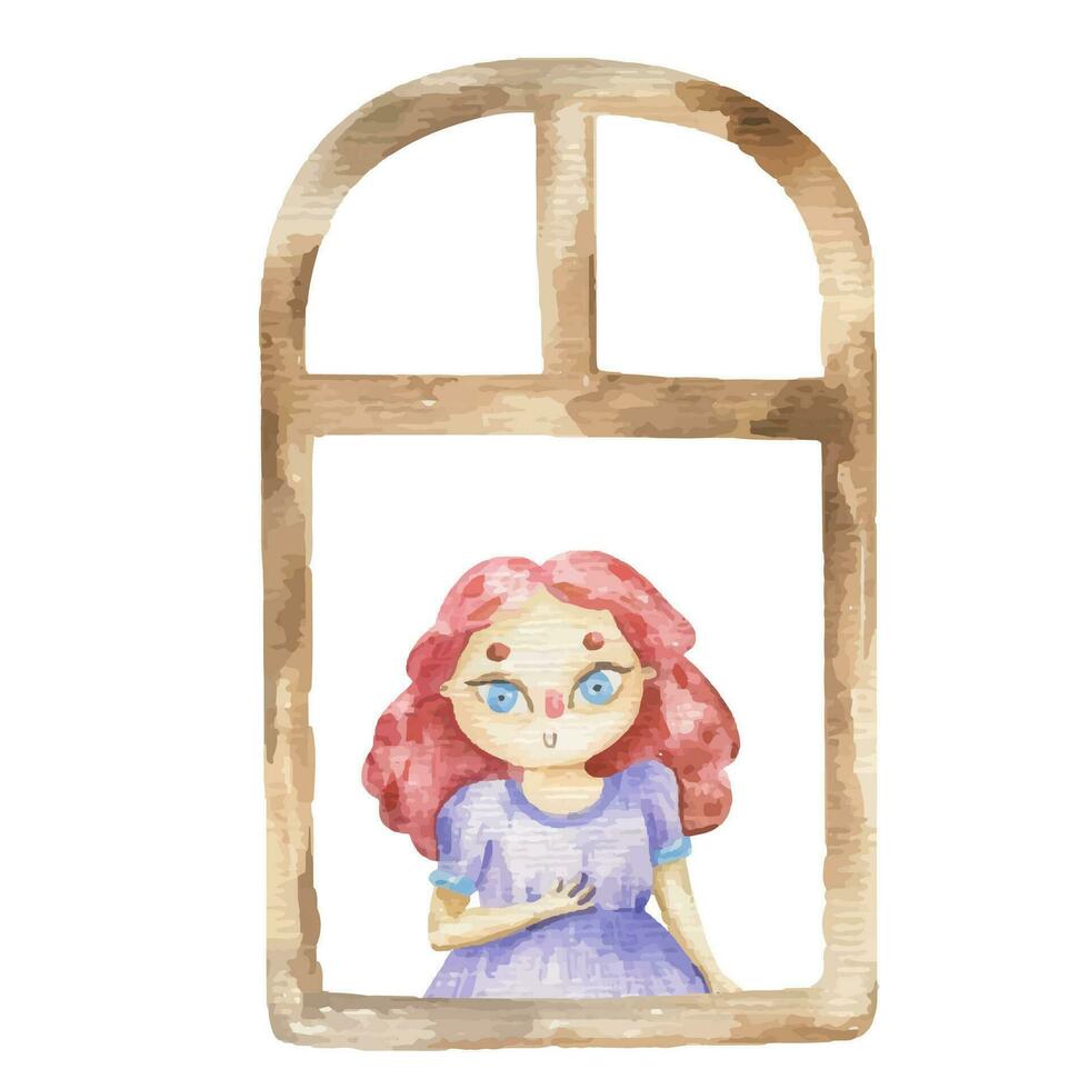 infantil acuarela ilustración con hada princesa. ventana. cuento de hadas vector