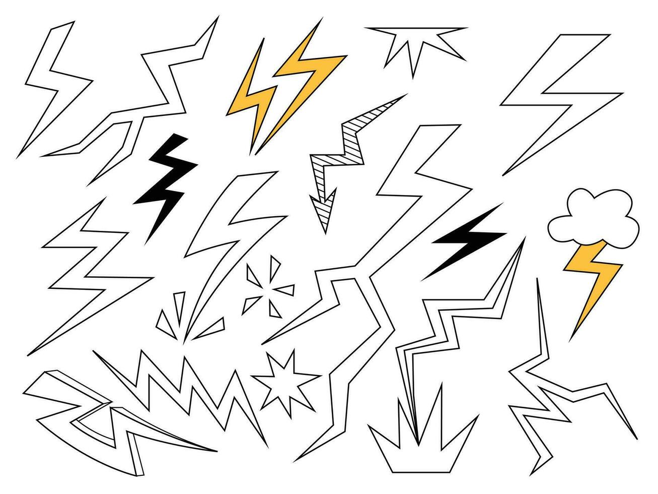 Set of thunderbolt element. Hand drawn doodle style collection of different electric lightning bolt vector