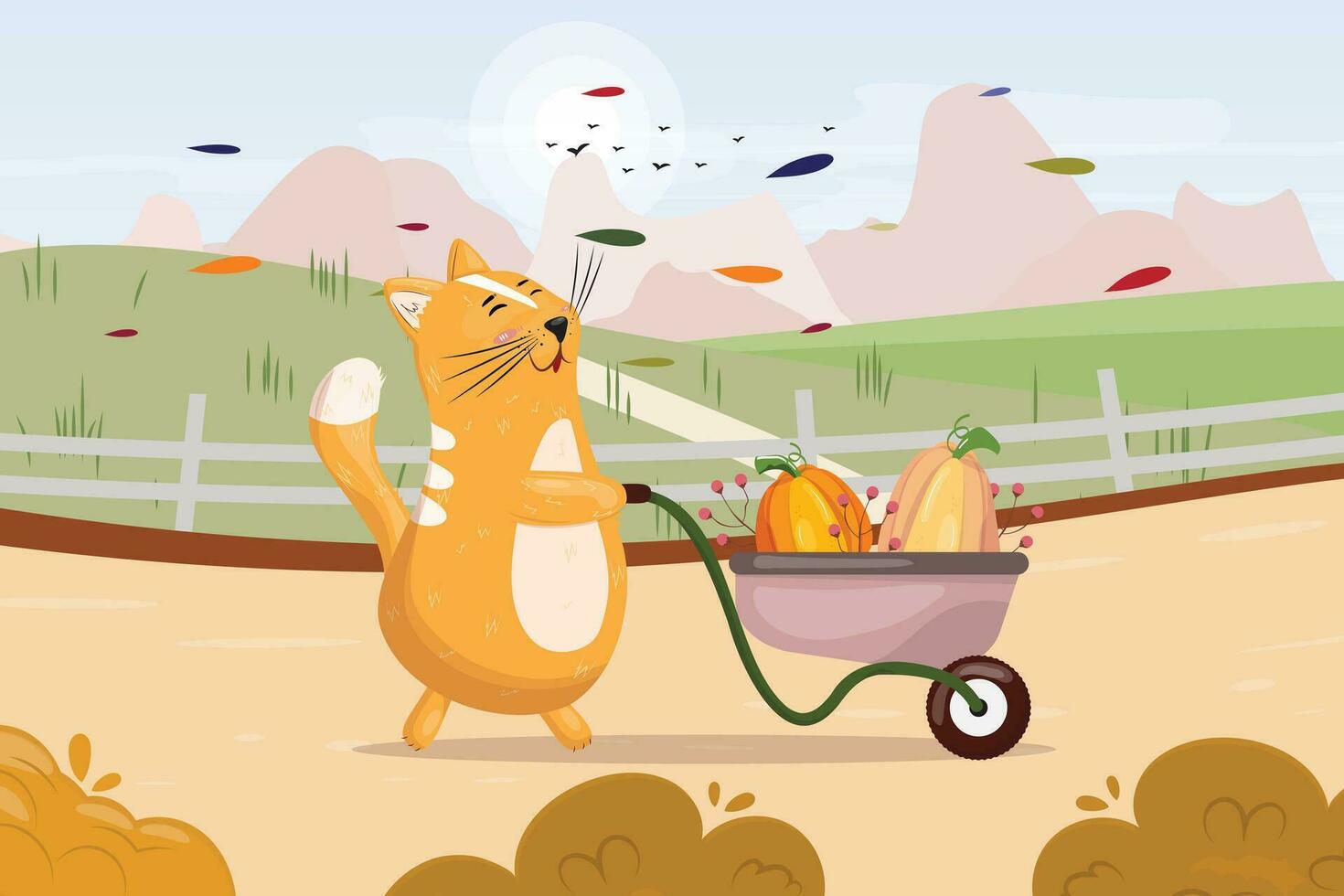 linda ilustración de un amarillo gato emprendedor el carretilla lleno con calabazas otoño ilustración con un gato vector