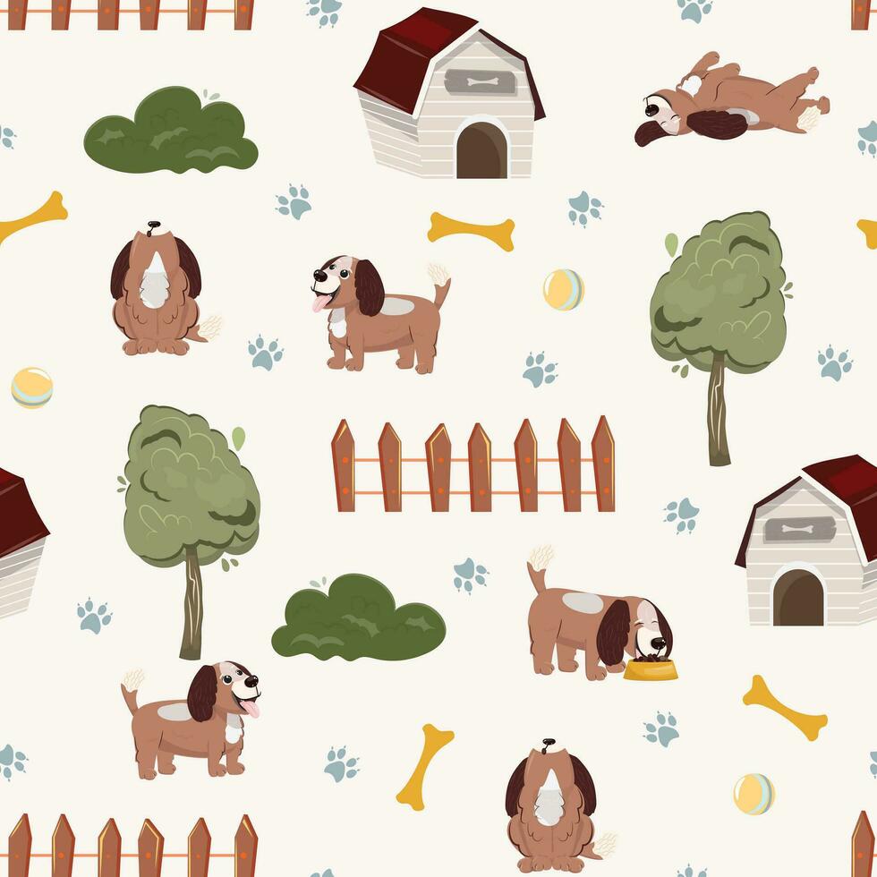Seamless vector pattern with dog in diverse poses outdoor. Cute dog pattern.