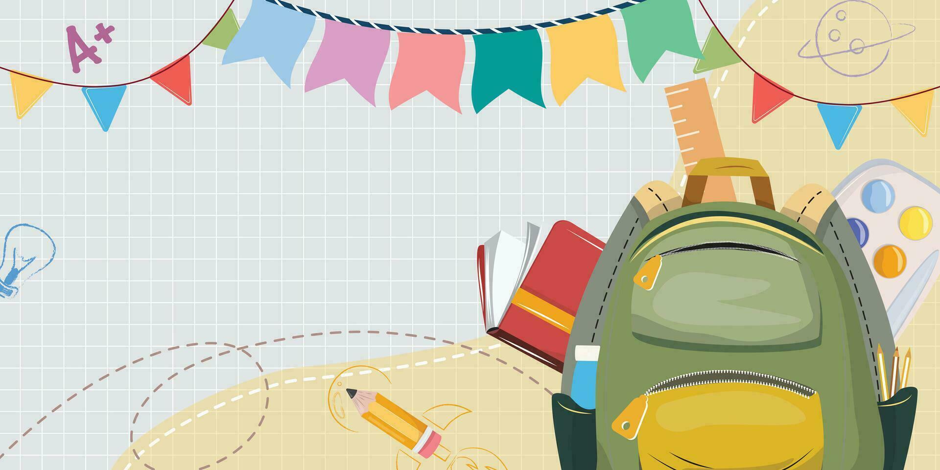 Banner back to school with backpack, school supplies, decorative garland vector