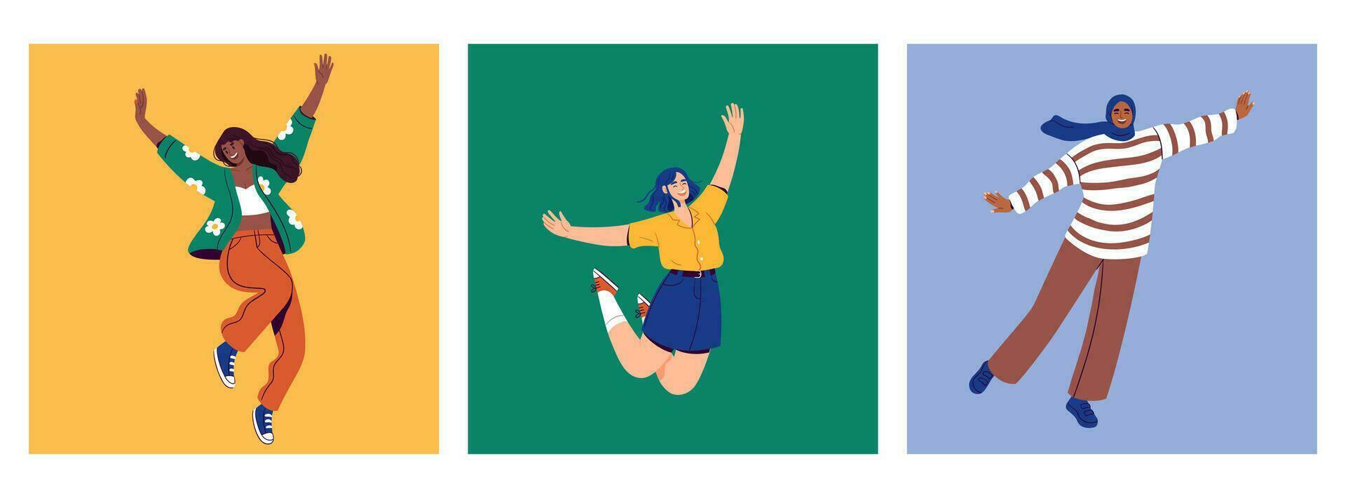 Female characters jump in different poses. Celebration, success, achievement, win concept. Vector illustration.