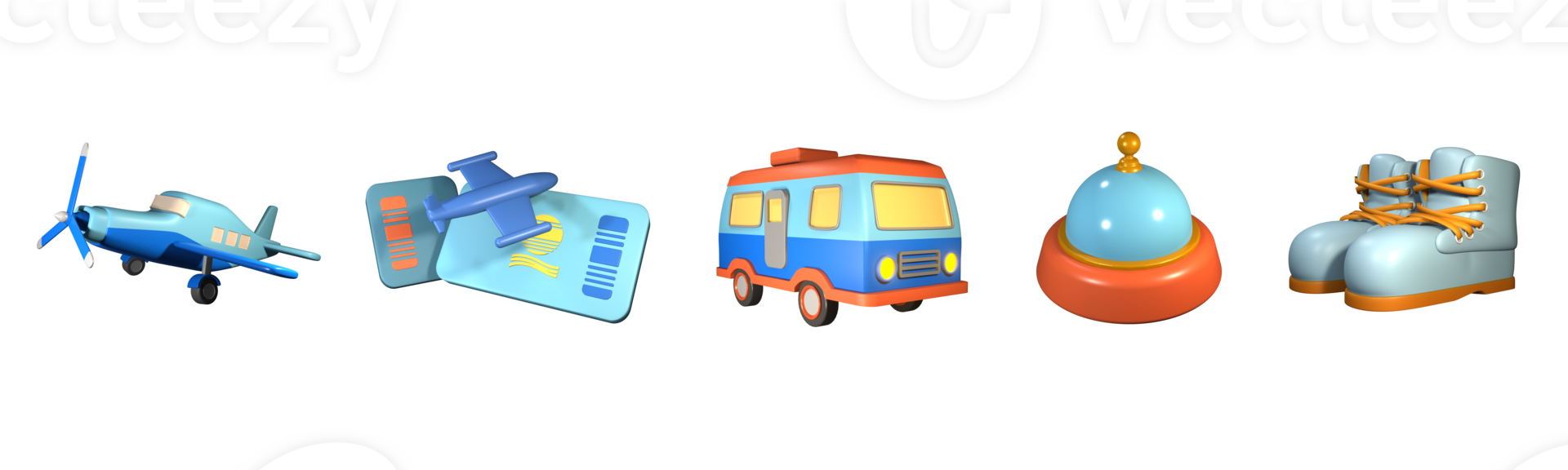 3D icon world tourism day collection rendered isolated on the transparent background. desk bell, hiking boot, airplane, airplane boarding pass, and caravan van object for your design. png