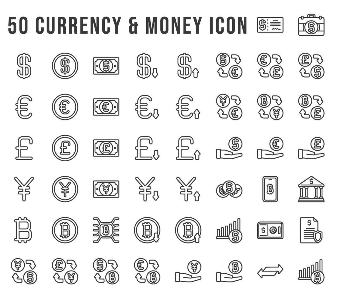 Currency and finance icons set, in pixel perfect line style. for the needs of user banking, finance, and economics. It includes dollar, bank, money, coin, crypto, and save icons. vector