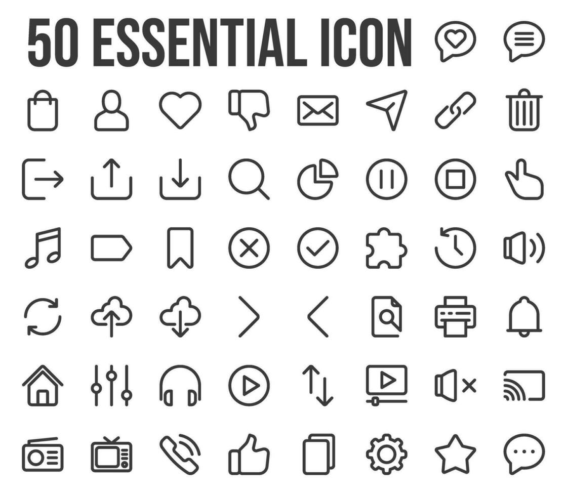 Essential icon set, in line style in pixel perfect. for the needs of user interfaces, websites, and technology applications. Includes home, like, multimedia, social media, bookmark, and navigation. vector