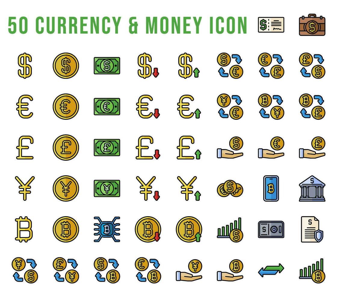 Currency and finance icons set, in pixel perfect Colored Outline style. for the needs of user banking, finance, and economics. It includes dollar, bank, money, coin, crypto, and save icons. vector