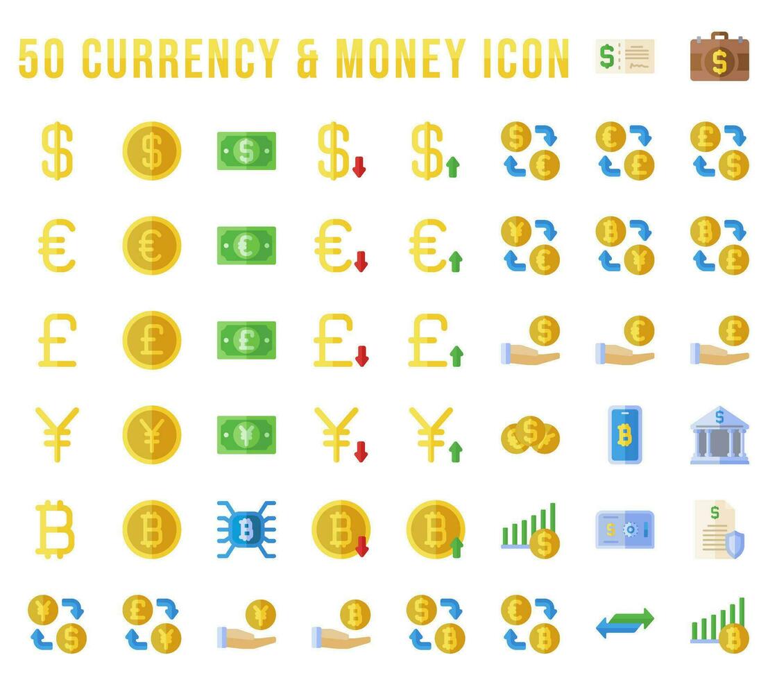 Currency and finance icons set, in pixel perfect Flat style. for the needs of user banking, finance, and economics. It includes dollar, bank, money, coin, crypto, and save icons. vector