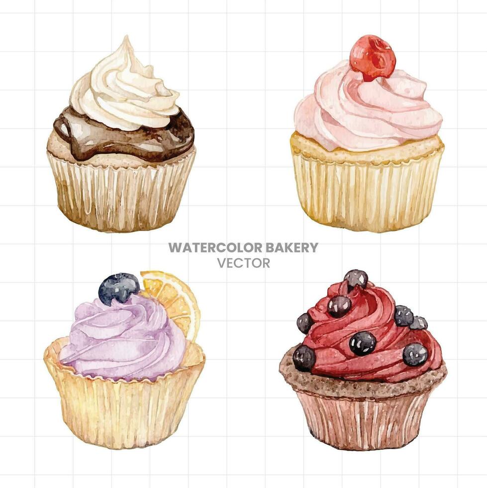 watercolor bakery set of four cupcakes with different flavors vector