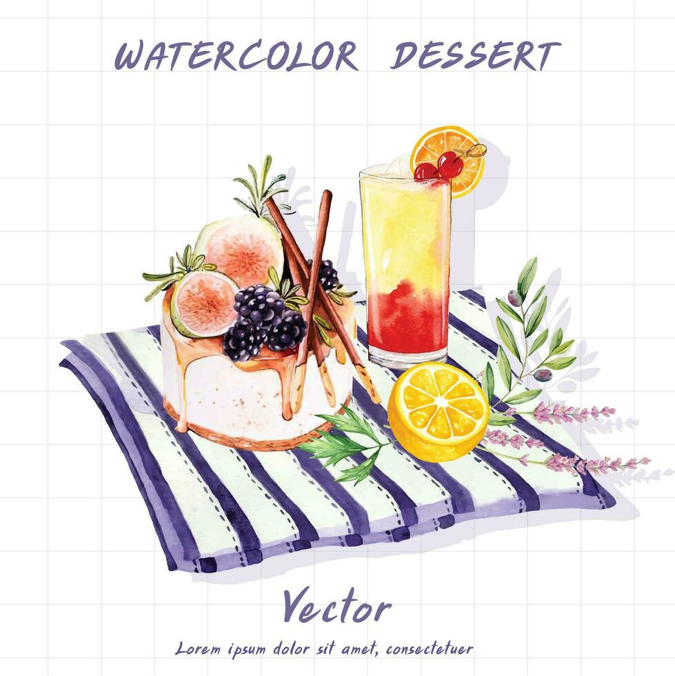 watercolor dessert with strawberries and lemon slices vector