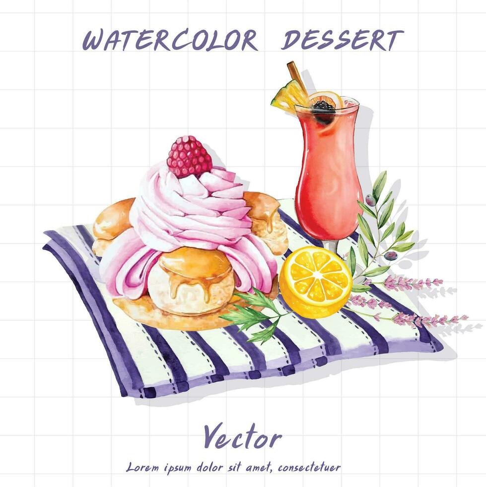 watercolor dessert with strawberries and lemon slices vector