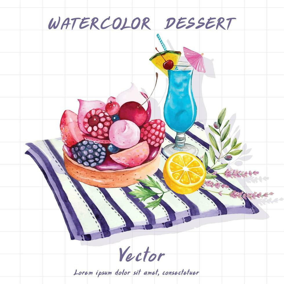 watercolor dessert with strawberries and lemon slices vector