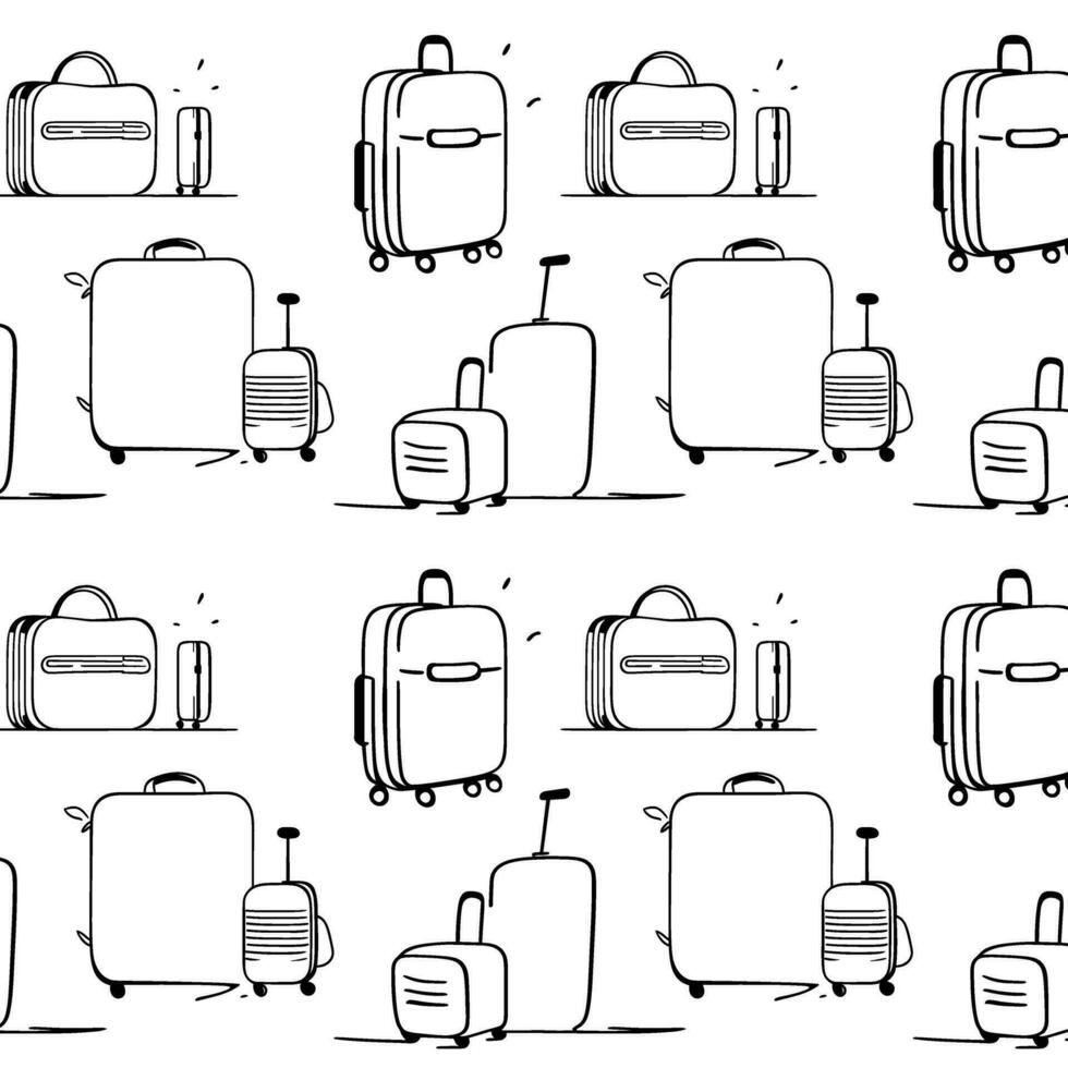 Travel bags seamless pattern. Black and white background with suitcases in continuous line drawing style. Luggage icons set. vector