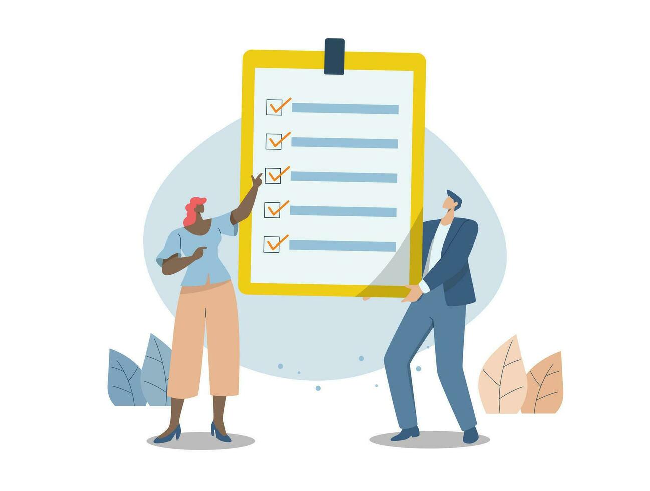 Quality control or document compliance. Confirm the business plan checklist with a checkmark. Inspection, Survey, Woman and Businessman holding documents on large clipboard. vector