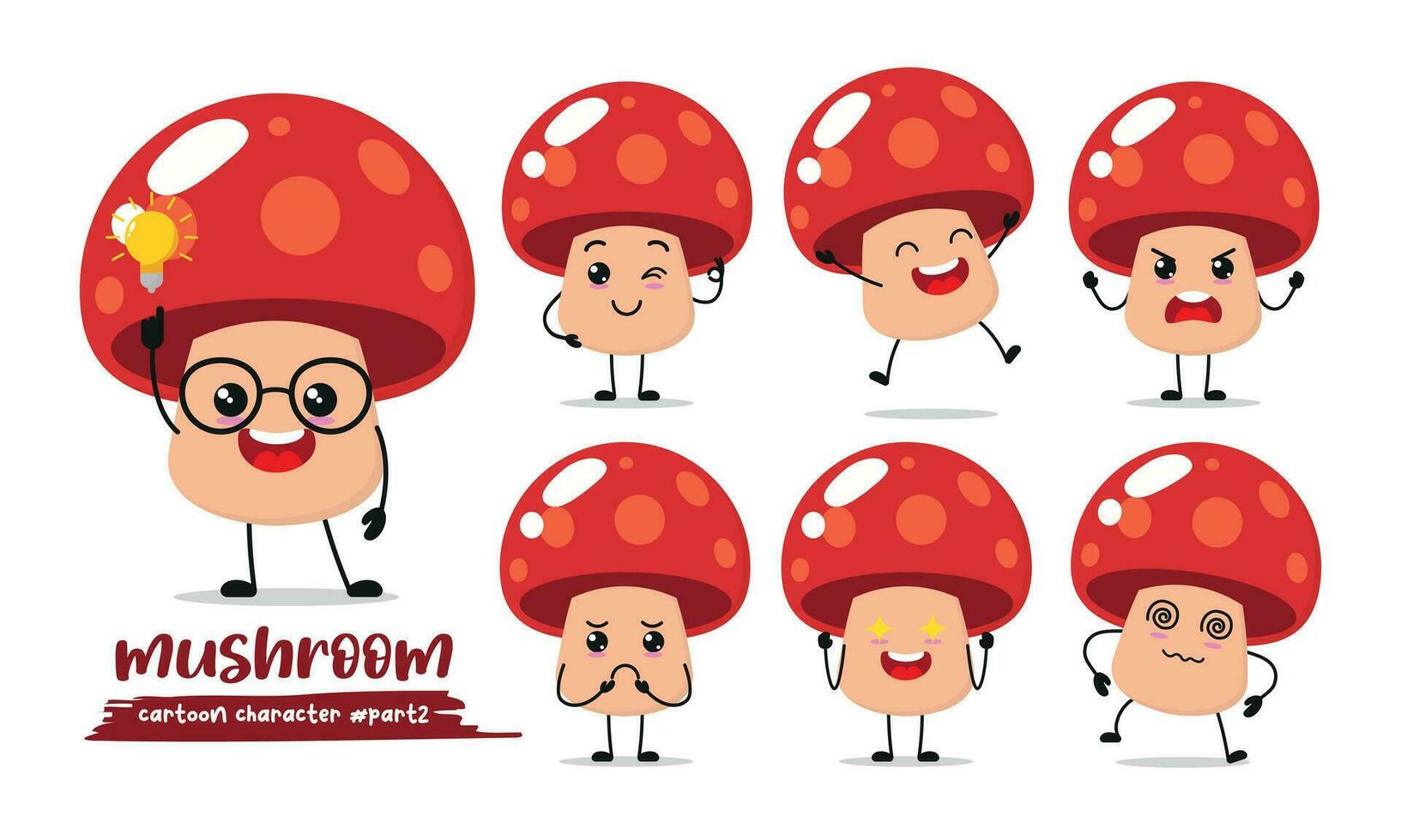 cute mushroom cartoon with many expressions. fungi different activity pose vector illustration flat design set.