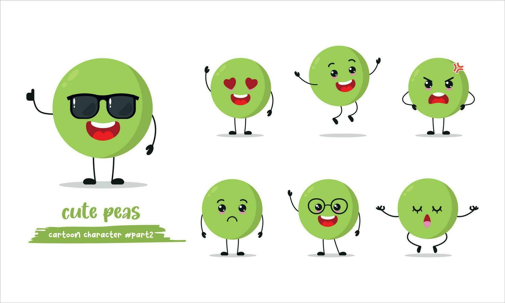 cute peas different activity expression emotion. pea wear sunglasses with many activity vector illustration flat design.