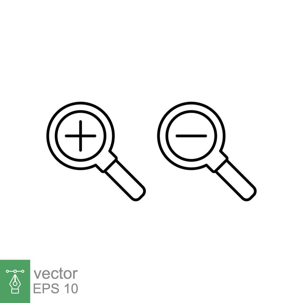 Zoom in and zoom out icons. Simple outline style. Magnifying glass, find, plus, minus, enlarge, reduce, search concept. Thin line symbol. Vector illustration isolated on white background. EPS 10.